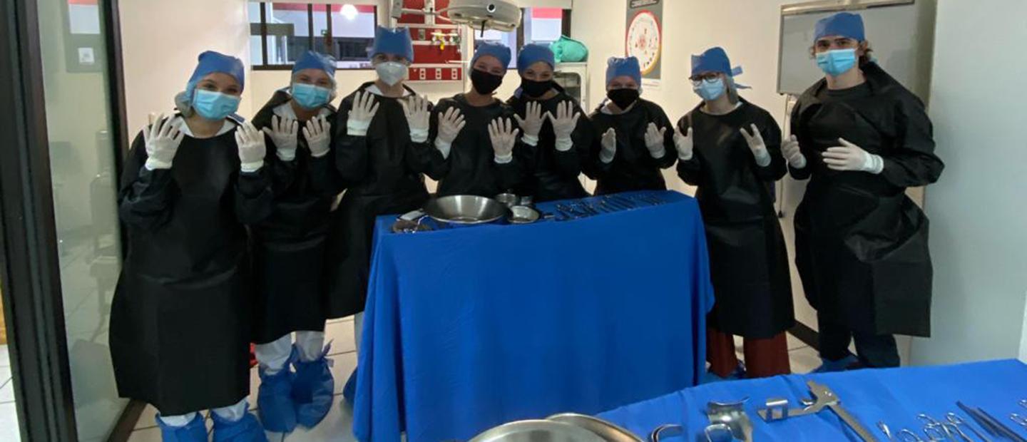A group of medical professionals in black gowns, face masks and white gloves.